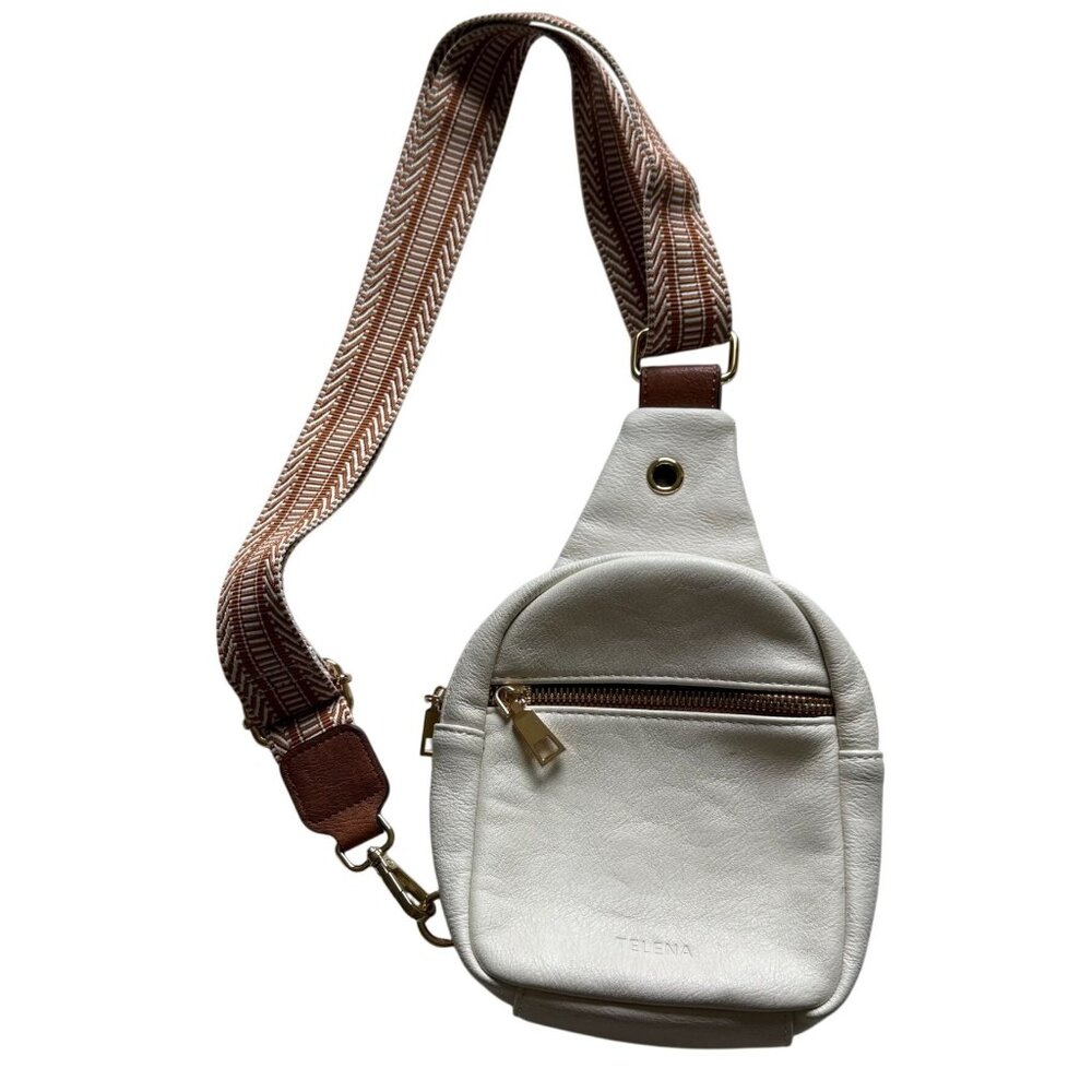 Telena Leather Sling Crossbody Bag Women White with Brown Trim Sports